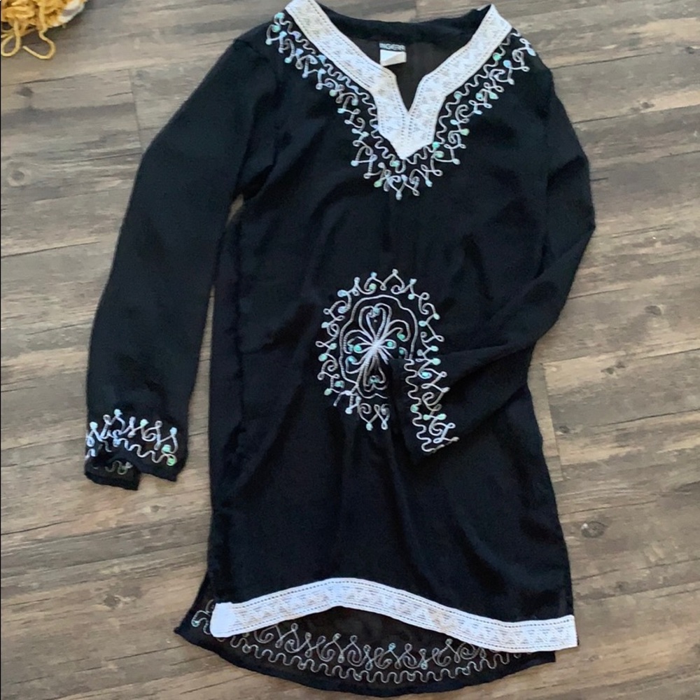 Black oversized embroidered tunic coverup- S